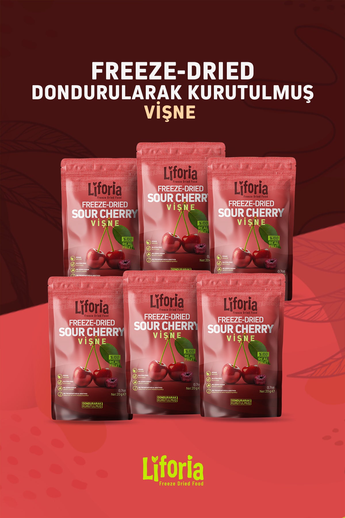 Freeze Dried Tane Vişne- Dondurularak Kurutulmuş Meyve-freeze Dry Kuru Meyve 20gr-6lı