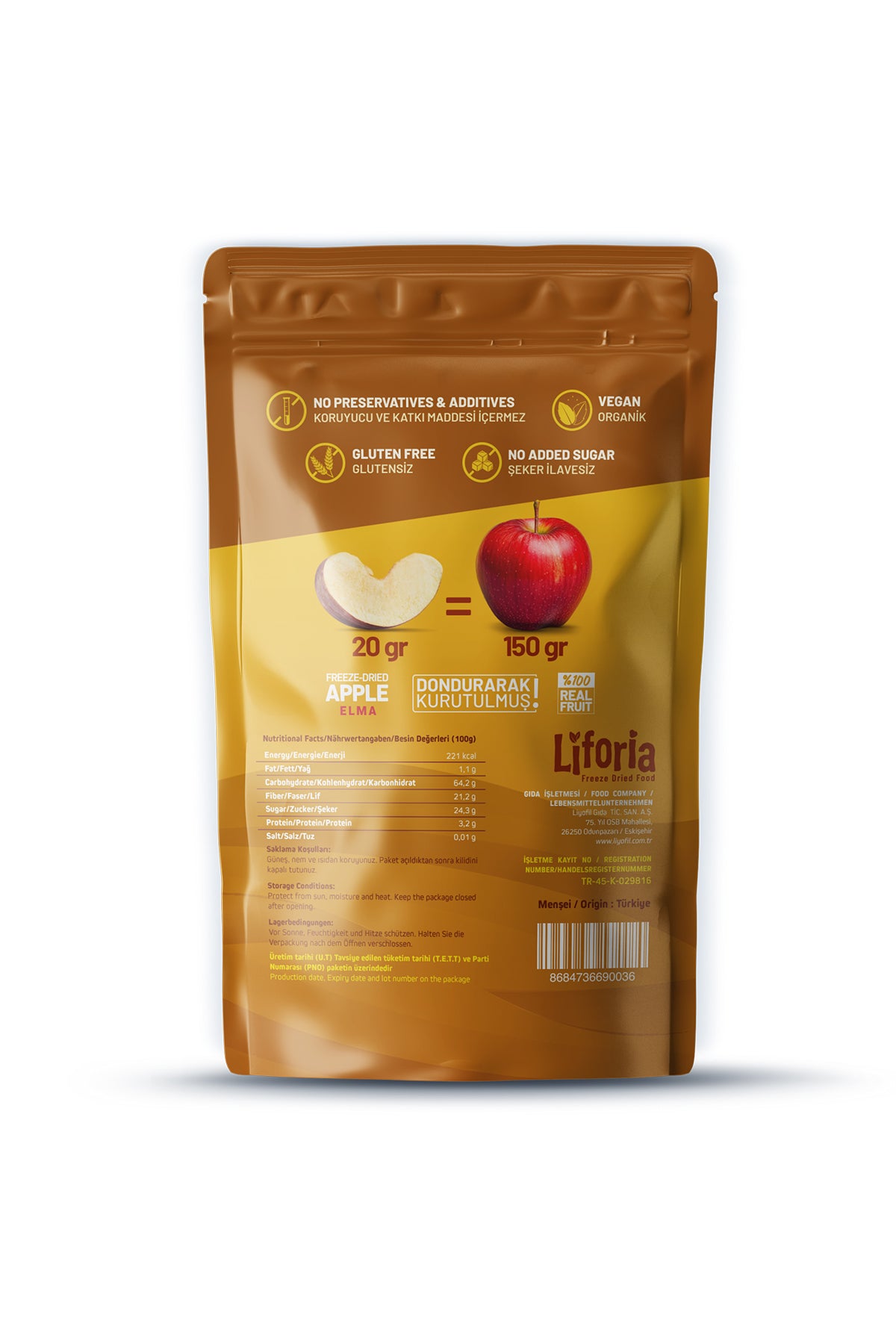 Freeze Dried Ince Dilim Elma - Dondurularak Kurutulmuş Meyve - Freeze Dry Kuru Meyve 20gr - 2li