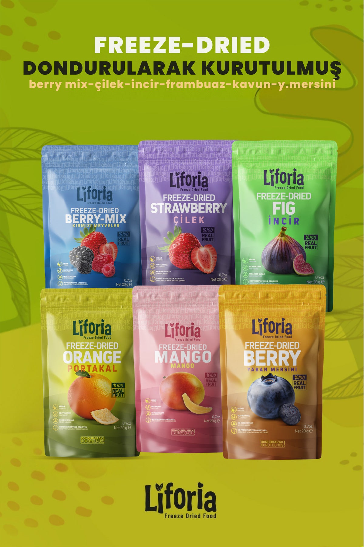 6’lı Dondurulmuş Meyve - Sağlıklı Atıştırmalık - Çilek Mango İncir Yaban Mersini Berry Mix Portakal