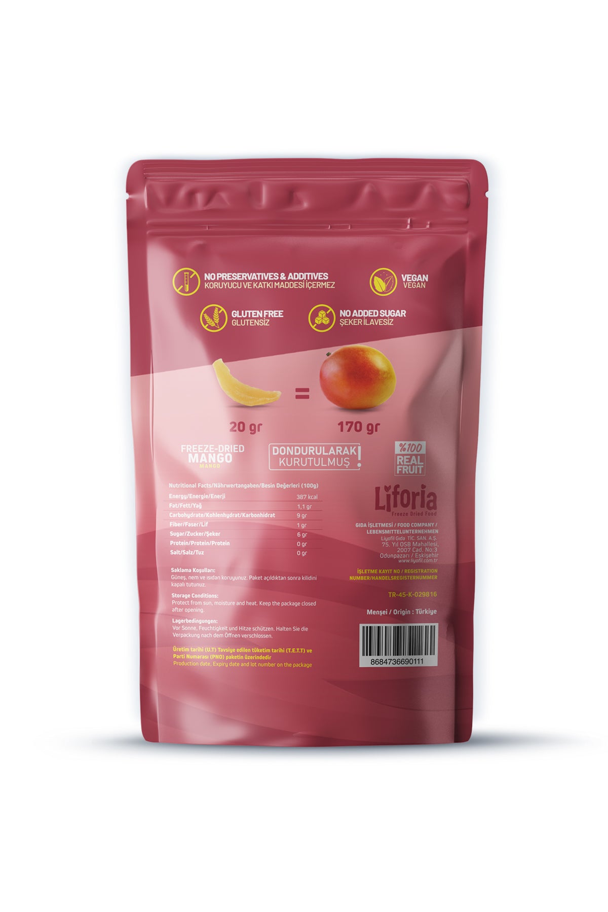Freeze Dried Ince Dilim Mango - Dondurularak Kurutulmuş Meyve - Freeze Dry Kuru Meyve 20gr - 3lü