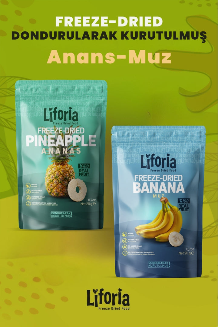 2’li Dondurularak Kurutulmuş Kuru Meyve - Sağlıklı Atıştırmalık - Ananas Ve Muz Kurusu Freeze Dried