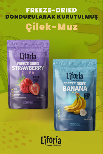 2’li Dondurularak Kurutulmuş Kuru Meyve - Sağlıklı Atıştırmalık - Çilek Ve Muz Kurusu Freeze Dried