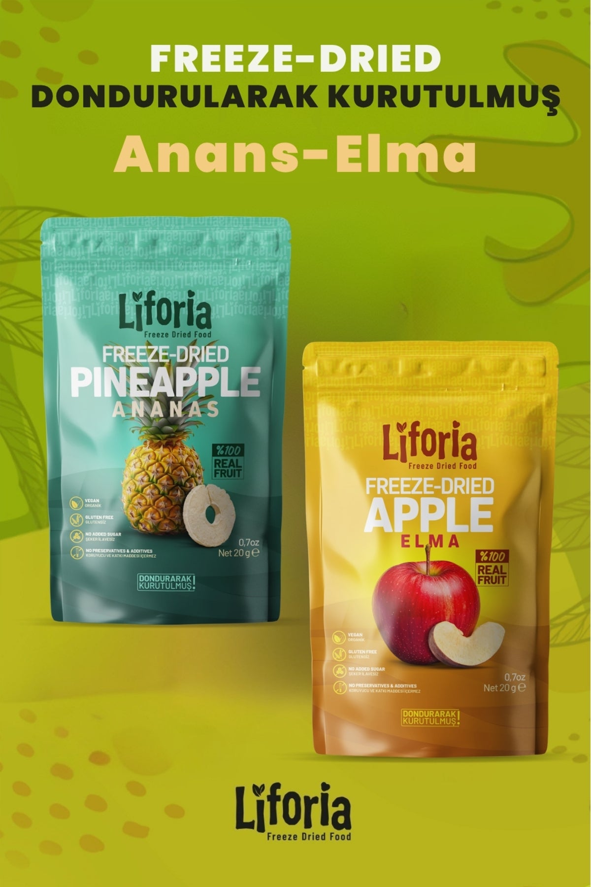 2’li Dondurularak Kurutulmuş Kuru Meyve - Sağlıklı Atıştırmalık - Ananas Ve Elma Kurusu Freeze Dried