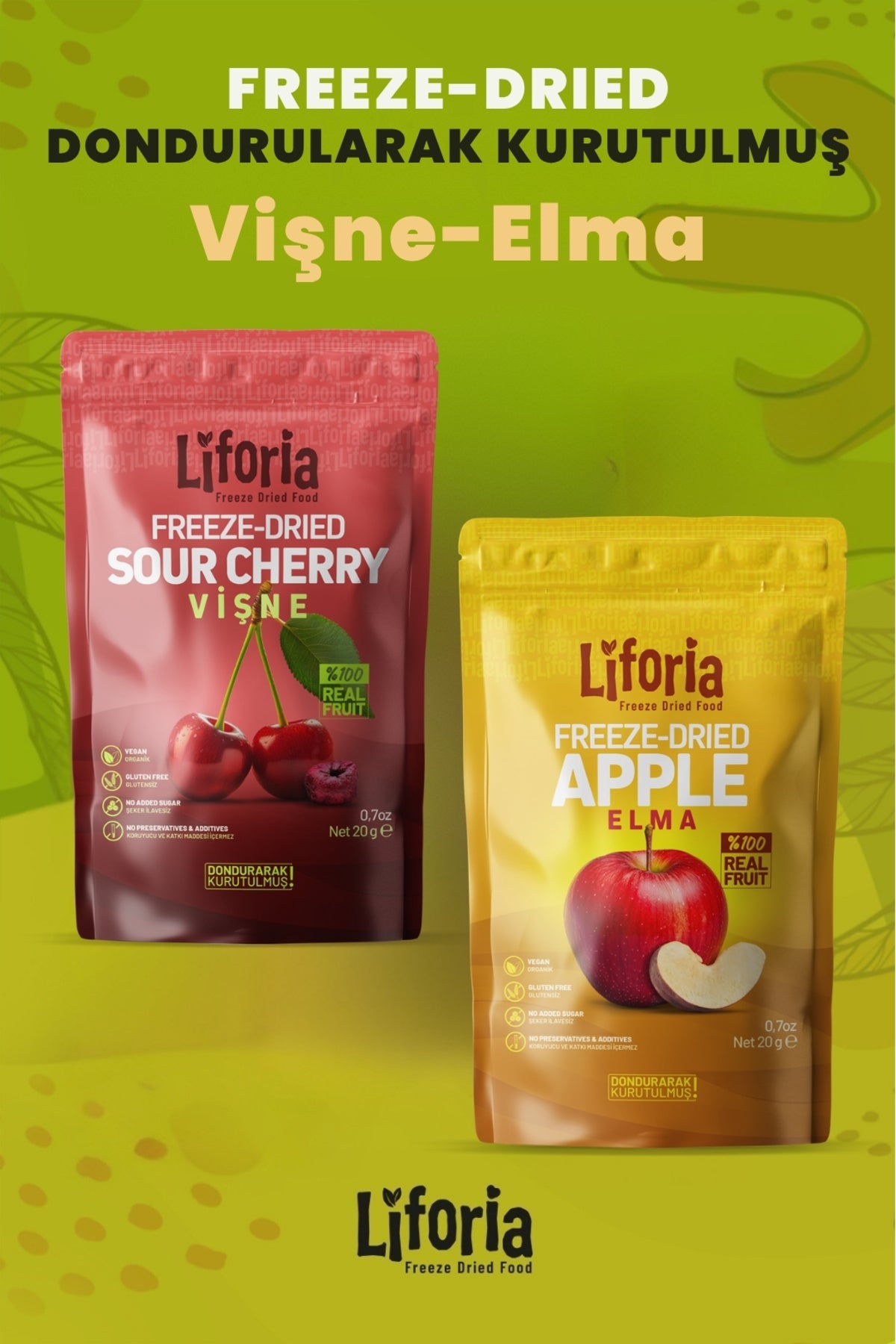2’li Dondurularak Kurutulmuş Kuru Meyve - Sağlıklı Atıştırmalık - Vişne Ve Elma Freeze Dried