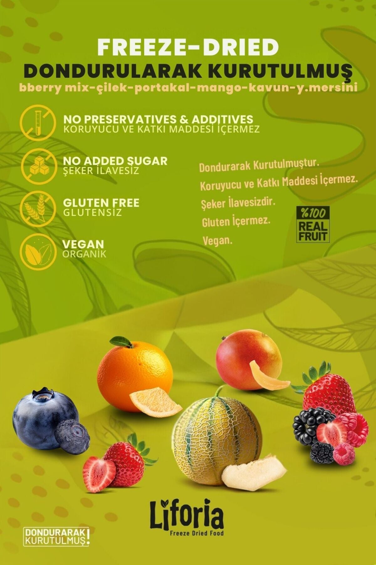 6’lı Dondurulmuş Meyve - Sağlıklı Atıştırmalık - Mango Berry Mix Portakal Yaban Mersini Çilek Kavun