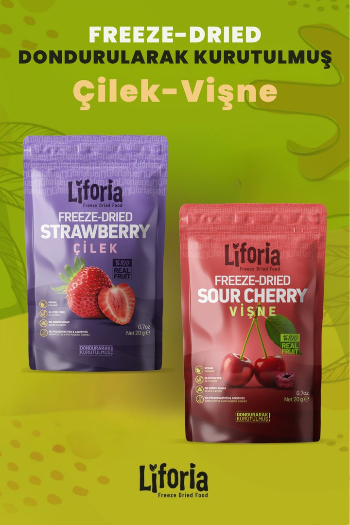 2’li Dondurularak Kurutulmuş Kuru Meyve - Sağlıklı Atıştırmalık - Çilek Ve Vişne Kurusu Freeze Dried