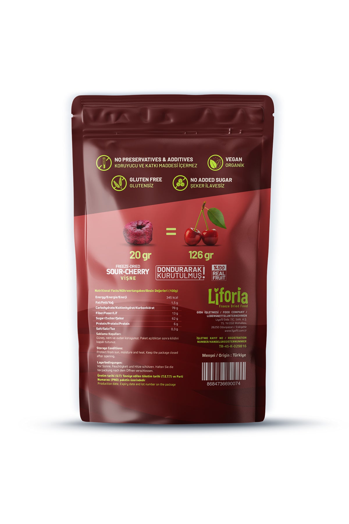 Freeze Dried Tane Vişne - Dondurularak Kurutulmuş Meyve - Freeze Dry Kuru Meyve 20gr - 2li