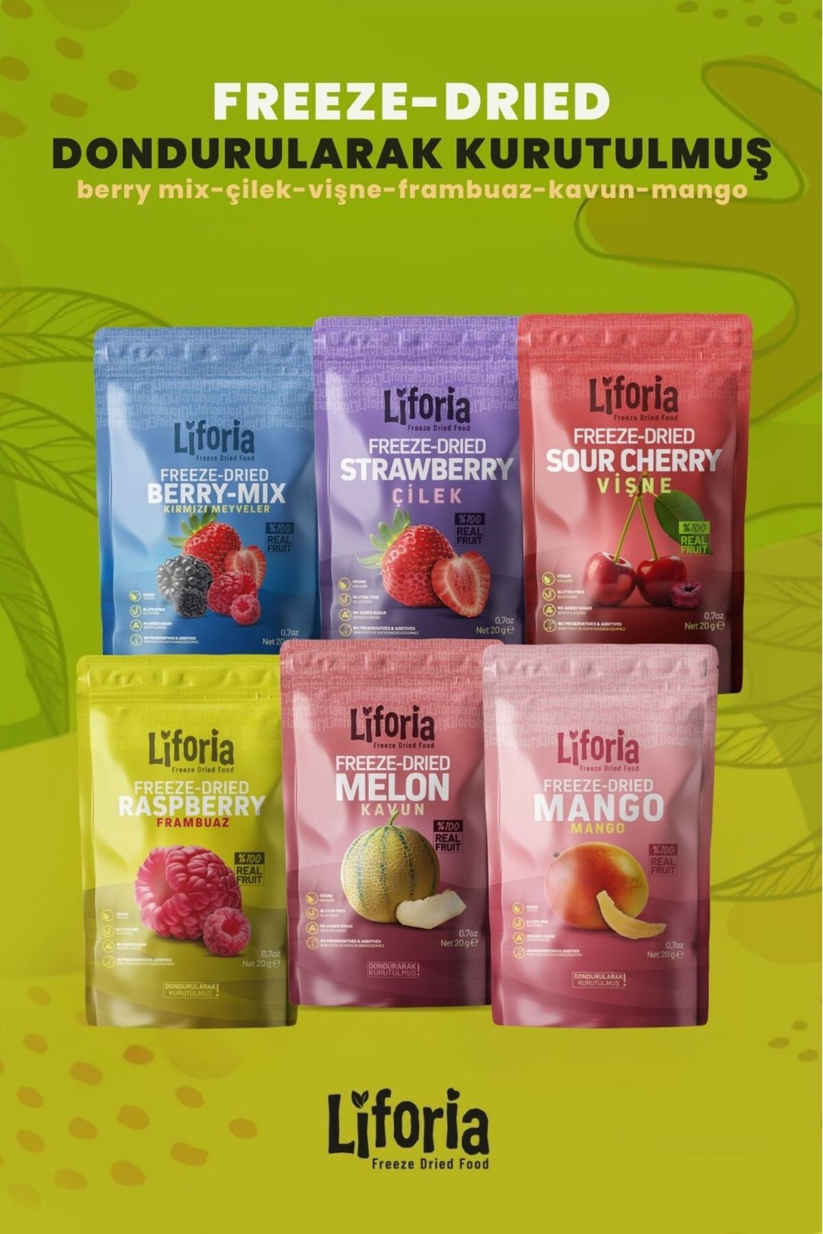 6’lı Dondurulmuş Meyve - Sağlıklı Atıştırmalık - Vişne Kavun Mango Çilek Berry Mix Frambuaz