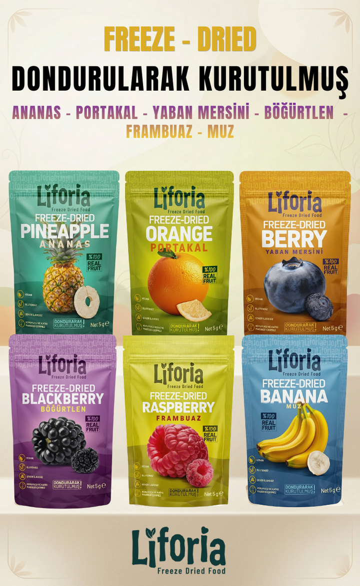 Dondurularak Kurutulmuş 6’lı Meyve Tadım Seti (Ananas, Portakal, Muz, Böğürtlen, Yaban Mersini, Frambuaz) 5 gr x 6